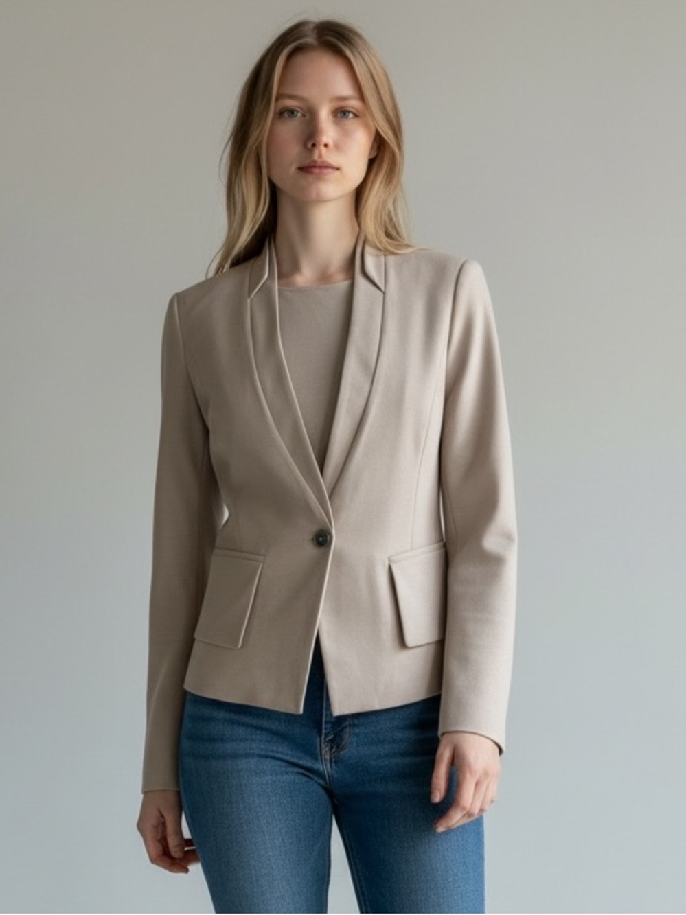 Tailored Single-Button Women's Blazer - Light Taupe with matching blouse